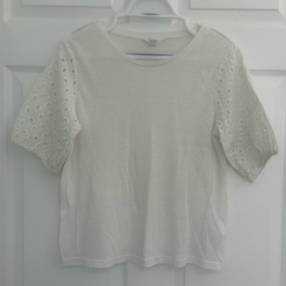 Nicole Miller Cream Short Eyelet Puff Sleeve Linen Cotton Women's Shirt Blouse